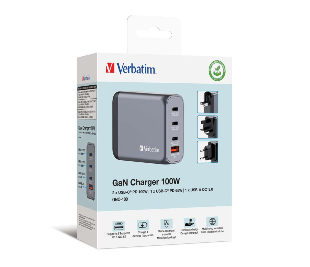 VERBATIM Ładowarka GNC-100 32202 GaN 100W, 3xUSB-C,1x USB-A, QC 3.0, PD 3.0 UE / UK ANVE10W4AQGG - 1199627 - zdjęcie 4